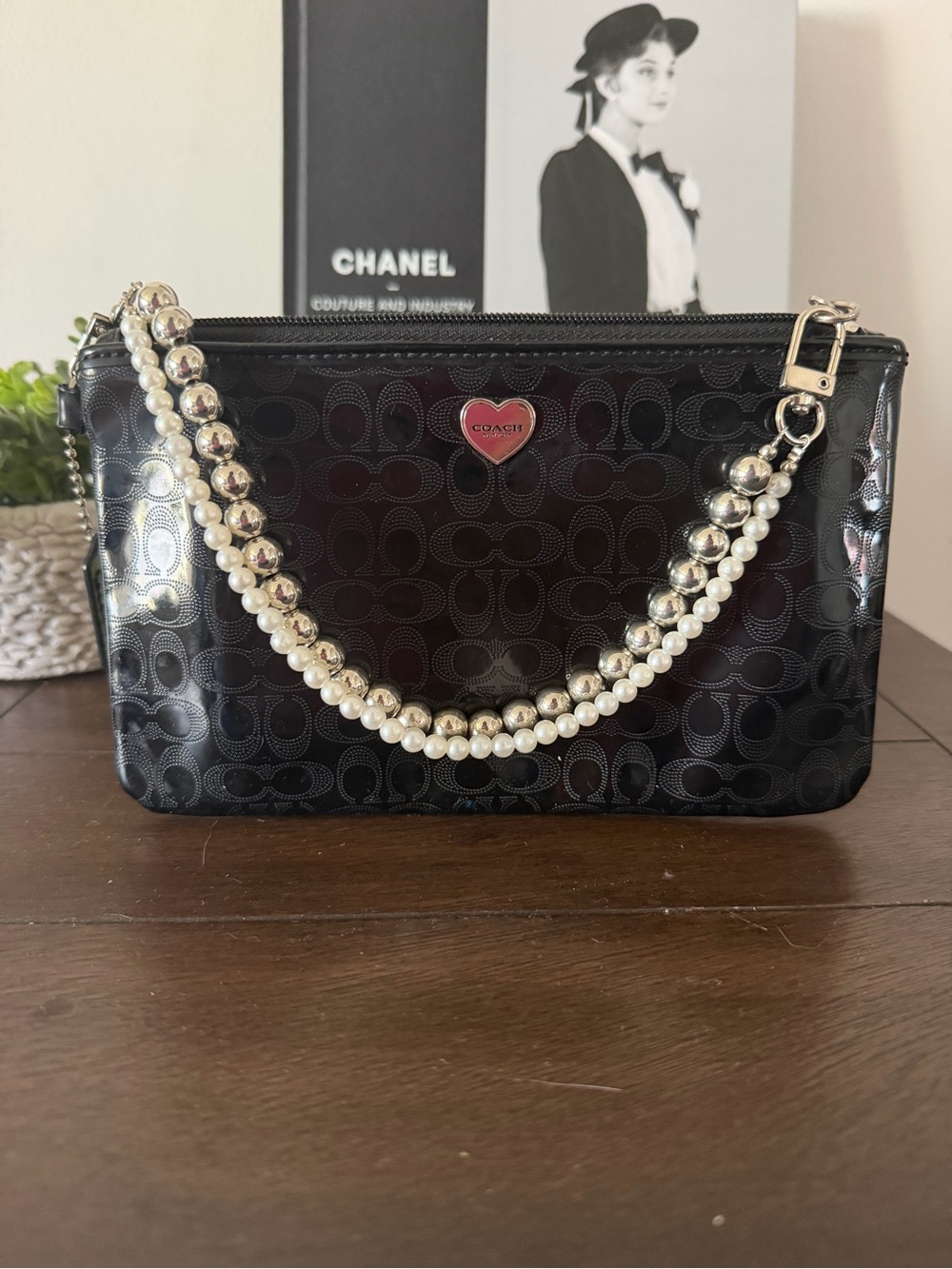 Coach 2010 Black Patent Signature Wristlet with Pearl and Silver Bead Strap